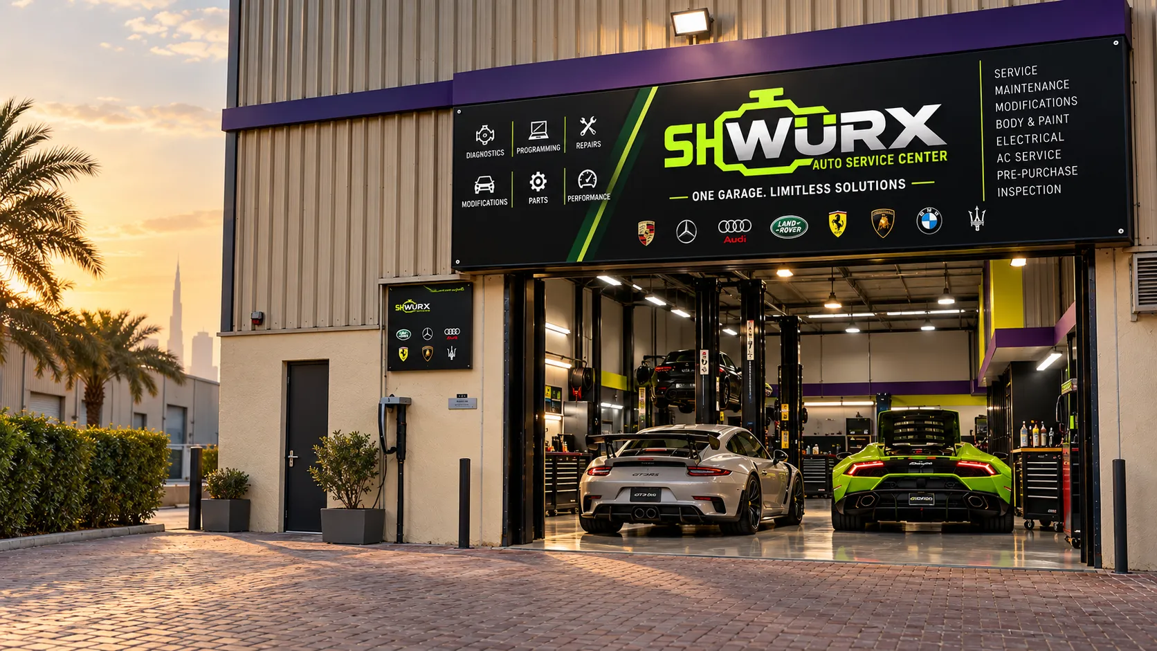 SHWURX-branded workshop with a beige industrial exterior, purple trim and a black and lime sign, two sports cars inside the open service bay at sunset